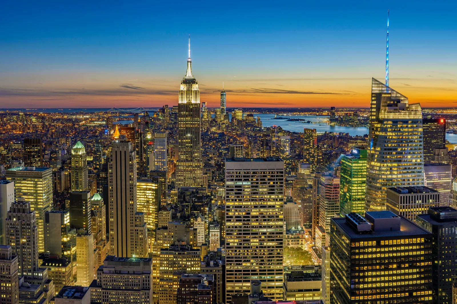 The New York City skyline at sunset